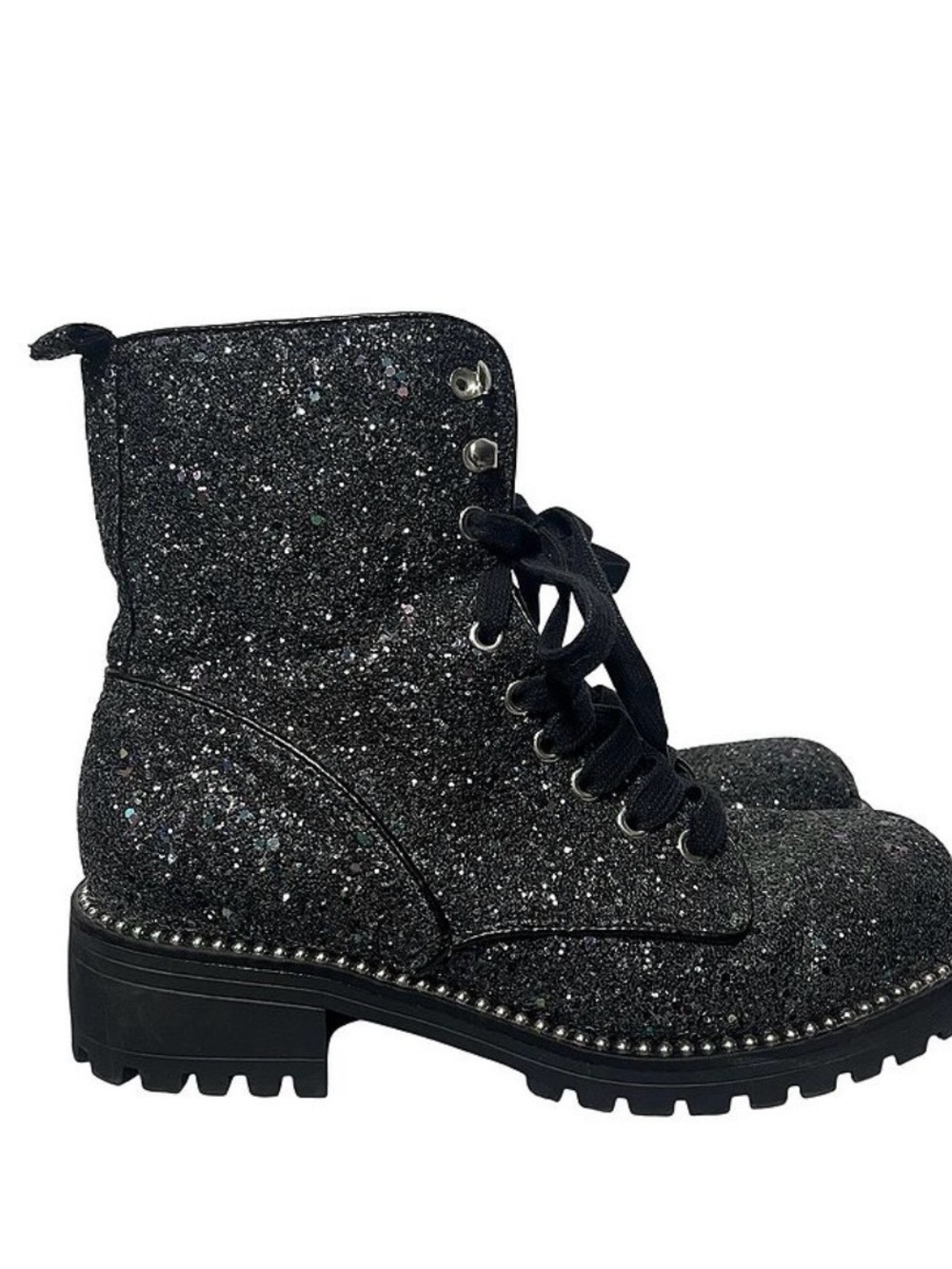 Glittery Black Lace-Up Combat Boots with Studded Trim